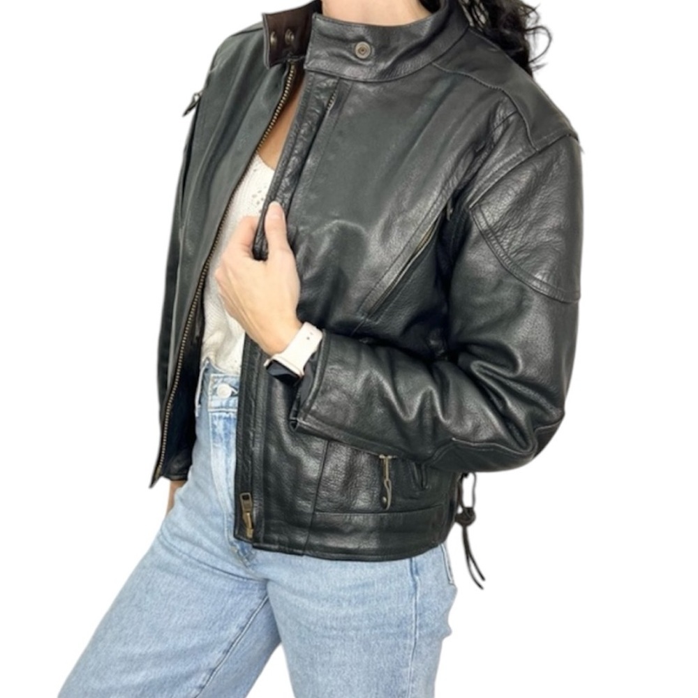 Screaming Eagle black leather lace up motorcycle jacket S